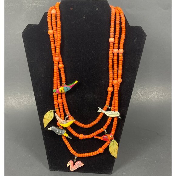 Retro Boho Chic Necklace Orange Wood Beaded Carved Tropical Parrot Bird Vintage - Picture 12 of 12